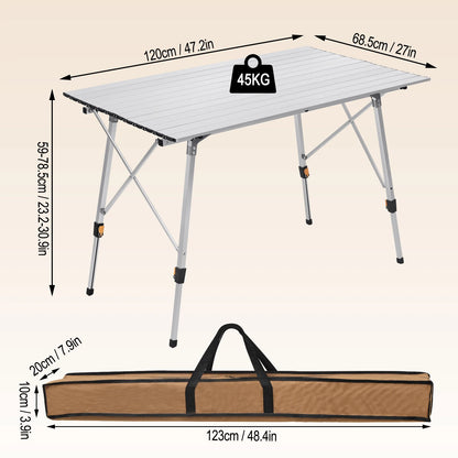 Campingtafel - Klaptafel - Picknicktafel - Campingtafel Inklapbaar - 120x68,5cm - Opvouwbare -  Aluminium - In Hoogte Verstelbaar, Inclusief Draagtas - voor  4-6 Personen - Zwart