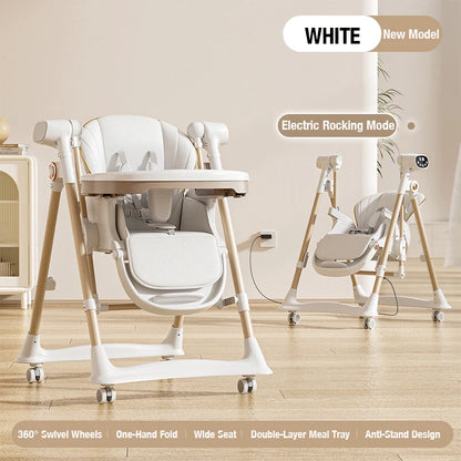 3-in-1 Baby Feeding Dining High Chair with Smooth Electric Swing and Convertible Reclining Bed Seat for Comfortable Eating Sleep