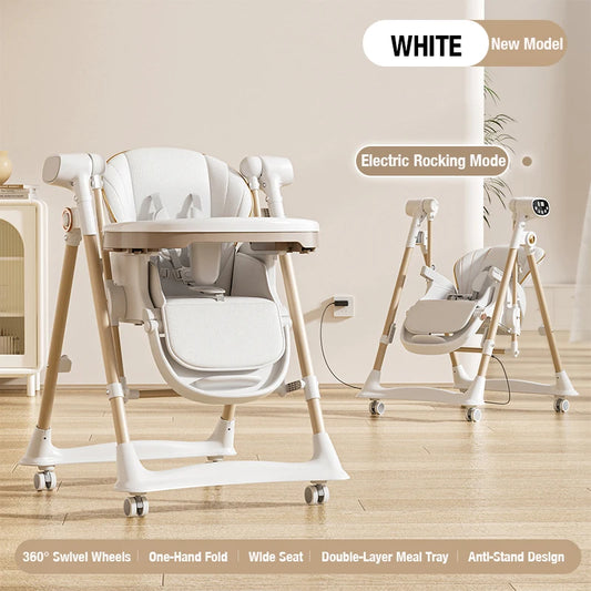 3-in-1 Baby Feeding Dining High Chair with Smooth Electric Swing and Convertible Reclining Bed Seat for Comfortable Eating Sleep