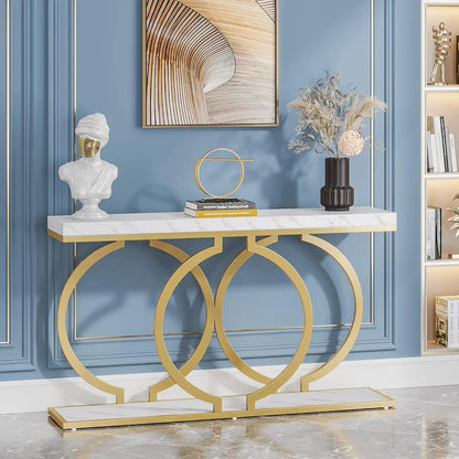 Console Tafel – Sidetable – Haltafel – Wandtafel – Marmeren Blad – Metalen Frame – 153 x 37.5 x 19.5 cm - Wit and Goud