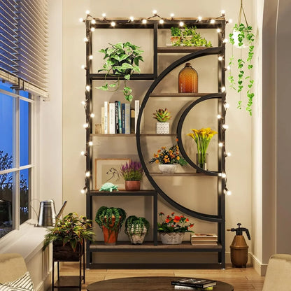 Boekenkast - Kasten - Wandkast - Boekenrek - Industriële Geometrische Kast - 71 Inch Hoog – 8-Tier Open Planken – Stevig Metalen Frame – Zwart Grijs