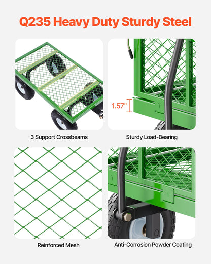 Tuinwagen - Tuinkar - Heavy-duty - 680 lb Draagkracht - 2-in-1 Plat- en - Hekwerkontwerp - 360° Draaibare Wielen - Voor Tuin - Erf en Magazijn - Ergonomische Handgreep - QUORE