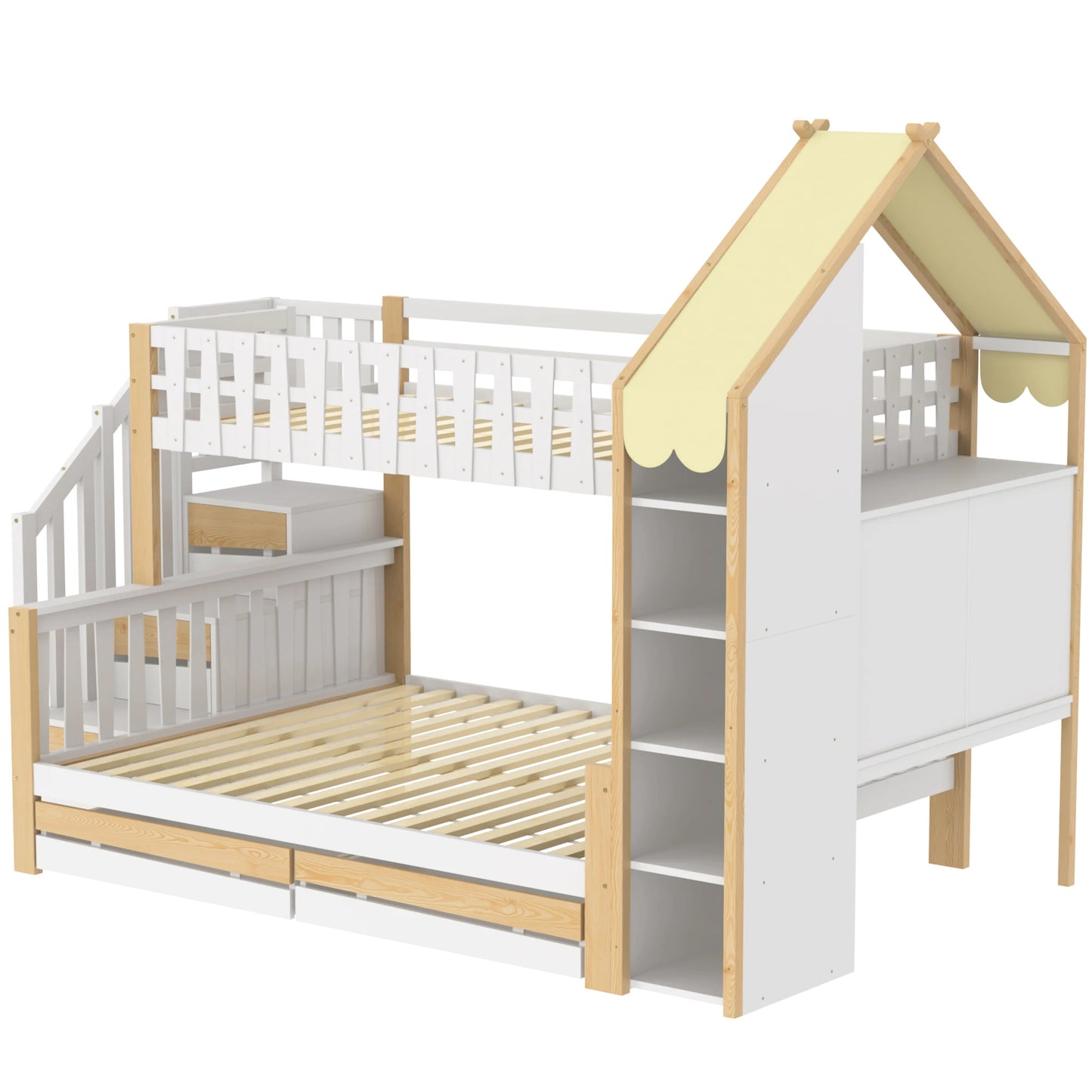 Hoogslaper – Stapelbed – Kinderbed – Mezzaninebed – Zolderbed – Tweepersoonsbed 90x200 & 140x200 cm – Massief Houten Frame – Met Ladder & 2 Opberglades – Zonder Matras