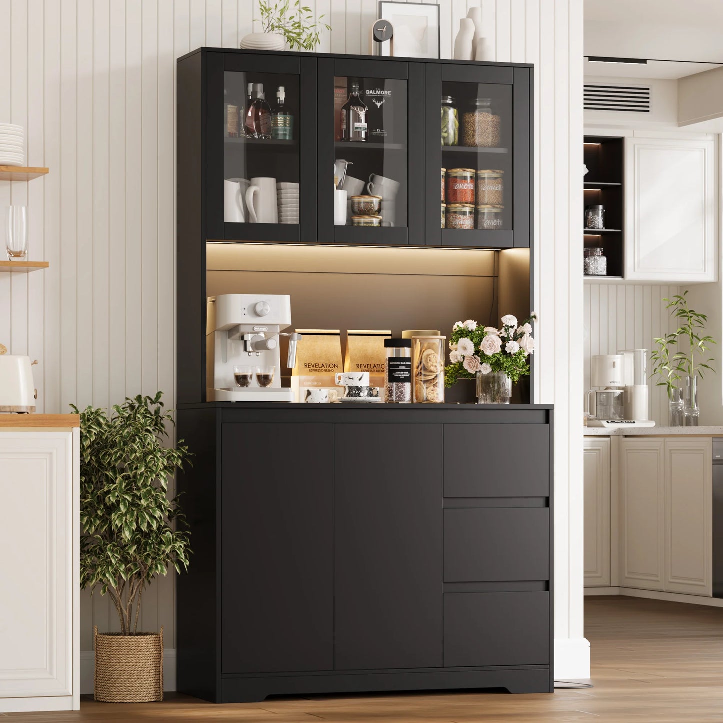 Keukenbuffet – Keukenkast – Buffetkast – Keukenopberger – Keukenmeubel – Wit – Met LED-verlichting – Stopcontacten met USB – 180 cm Hoog – 6 Verstelbare Planken – 3 Lades - QUORE
