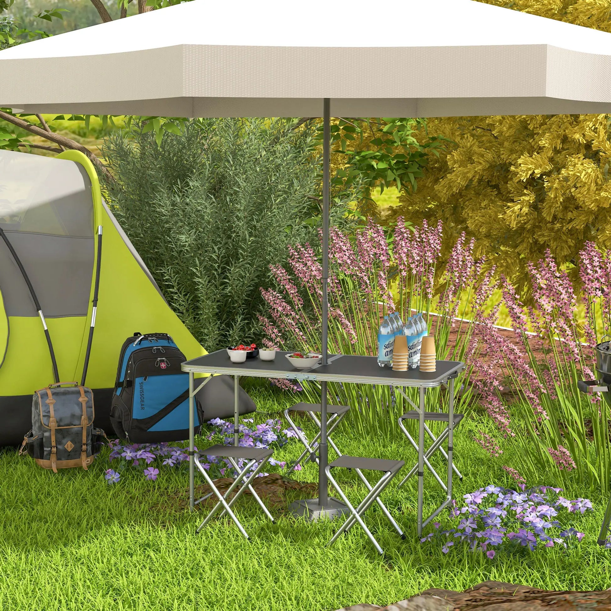 Vouwbare Campingtafel met Stoelen Set - 5-delige Zwart - Verstelbare Hoogte en Umbrella Hole - QUORE