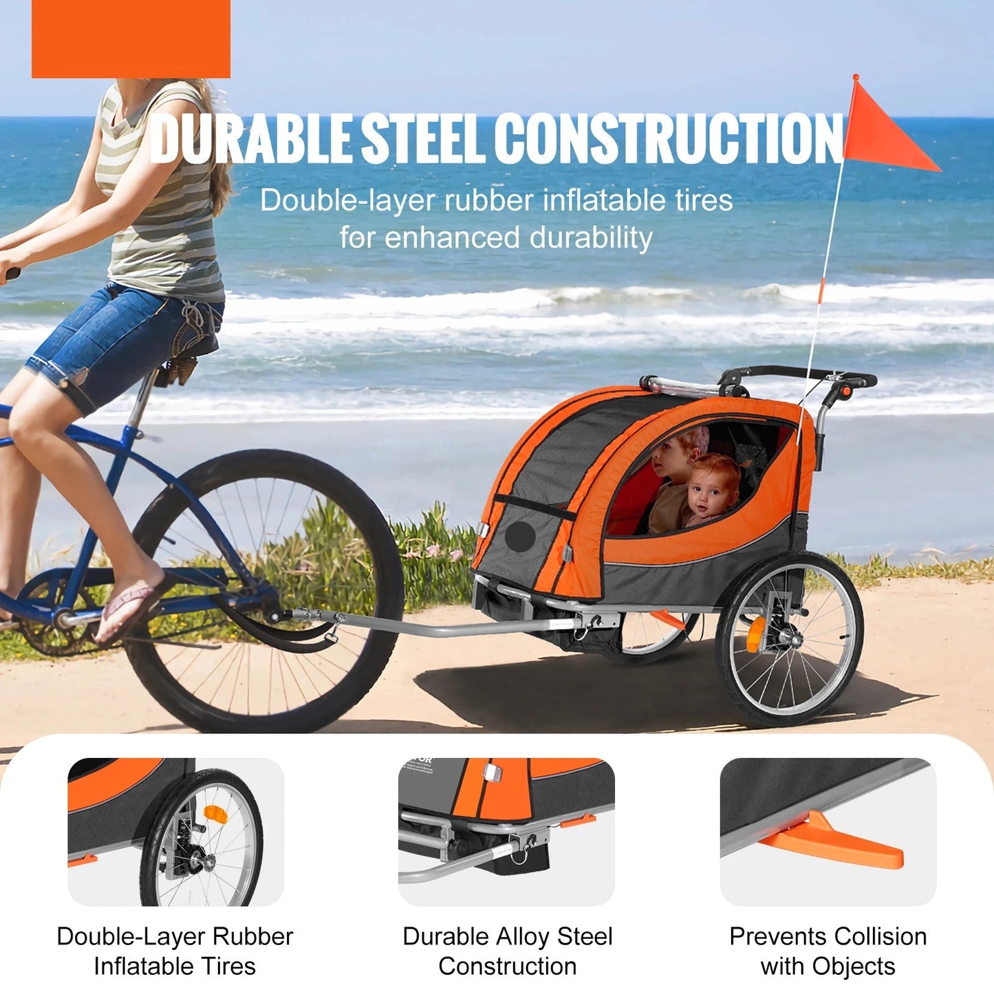 Fietsaanhanger - Fietskar - Fietskarren - voor Kinderen - 100 lbs Kinderfiets Trailer met Dubbele Zitplaatsen - Kinderfietskar - Vouwbare Kinderfiets Carrier - Kan omgebouwd worden tot Kinderwagen - Voor Peuters en Kinderen