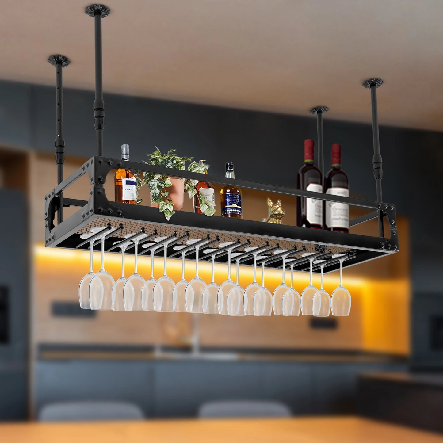 Wijnrek – Flessenrek – Glazenhouder – Wijnhouder – Wijnkast – Industrieel Vintage Design – Plafondmontage – Stevig IJzeren Materiaal – Ruimtebesparend 100 cm