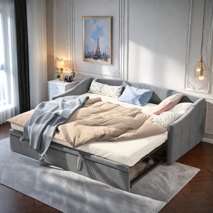 Slaapbank – Bedbank – Inklapbed – Uitschuifbed – Velours Bank – Compact 90x210 cm – Stevig Metalen Frame – Luxe Velvet Bekleding - QUORE
