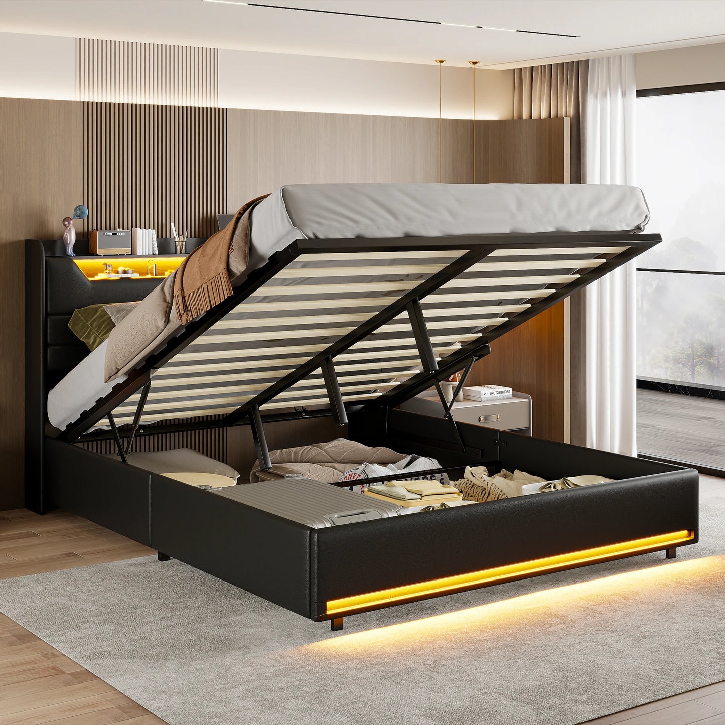 fangange Upholstered double bed, 140x200 cm, 160x200 cm, with storage space, upholstered headboard, with slatted frame, PU