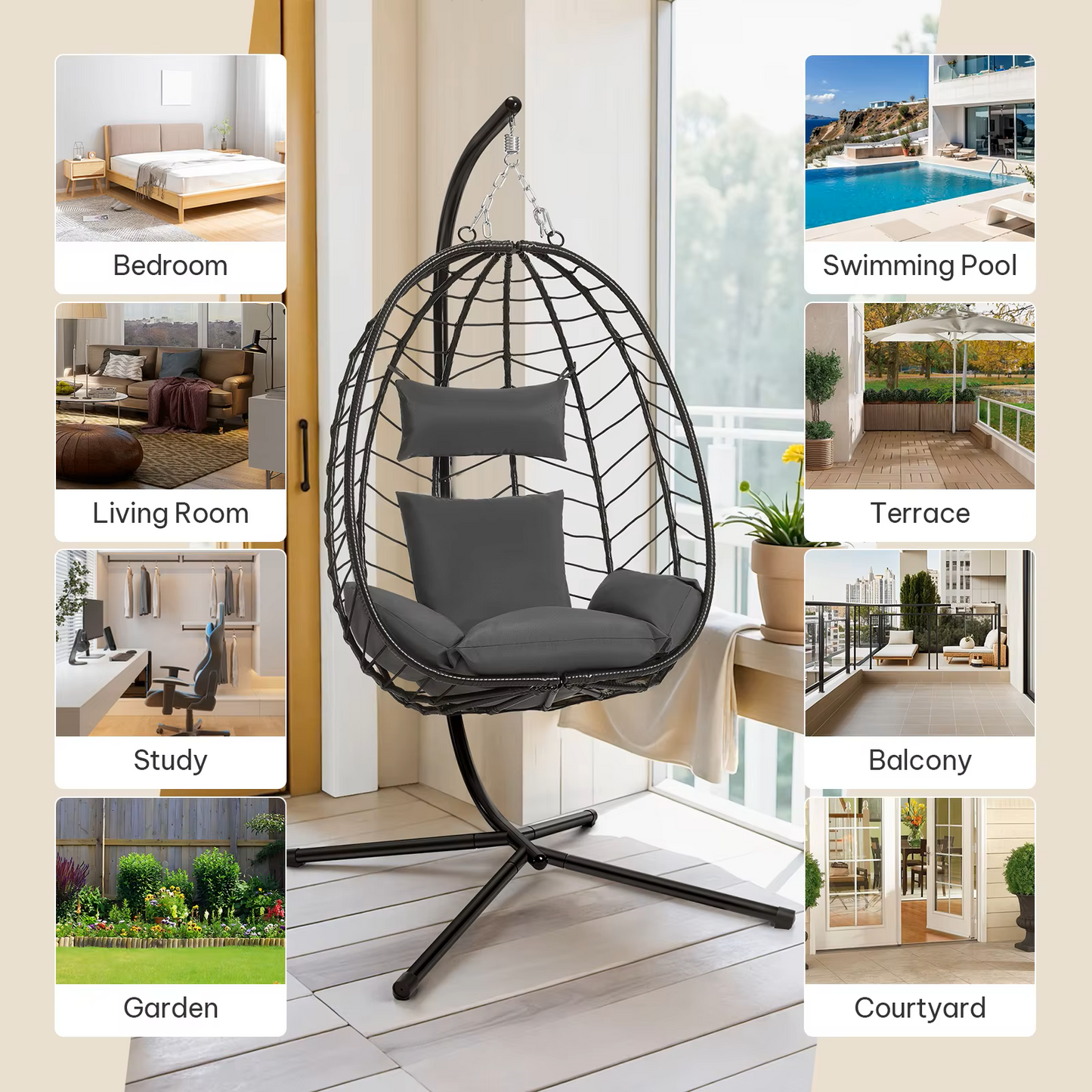 Schommelstoel - Hangende Ei-stoelen - Hangmat -Headrest - met Metalen Standaard - Zitkussen - Draagvermogen 150 kg - voor Tuin - Balkon - Terrasdecoratie - 102 x 100 x 196 cm - Donkergrijs - QUORE