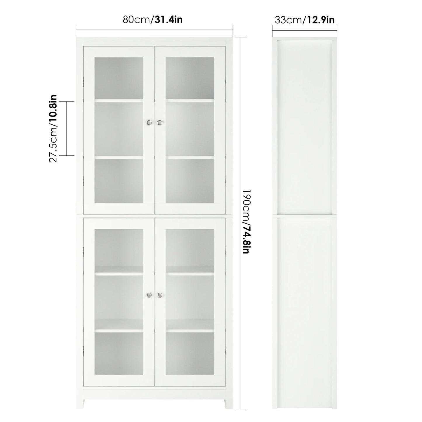 Vitrinekast – Vitrinekast Met Deuren – Displaykast – Boekenkast – Keukenkast – 4 Glazen Deuren – Strak Mat Wit – 190x80x33 cm Hoog