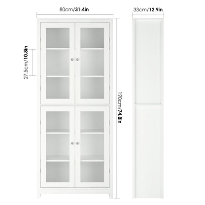 Vitrinekast – Vitrinekast Met Deuren – Displaykast – Boekenkast – Keukenkast – 4 Glazen Deuren – Strak Mat Wit – 190x80x33 cm Hoog