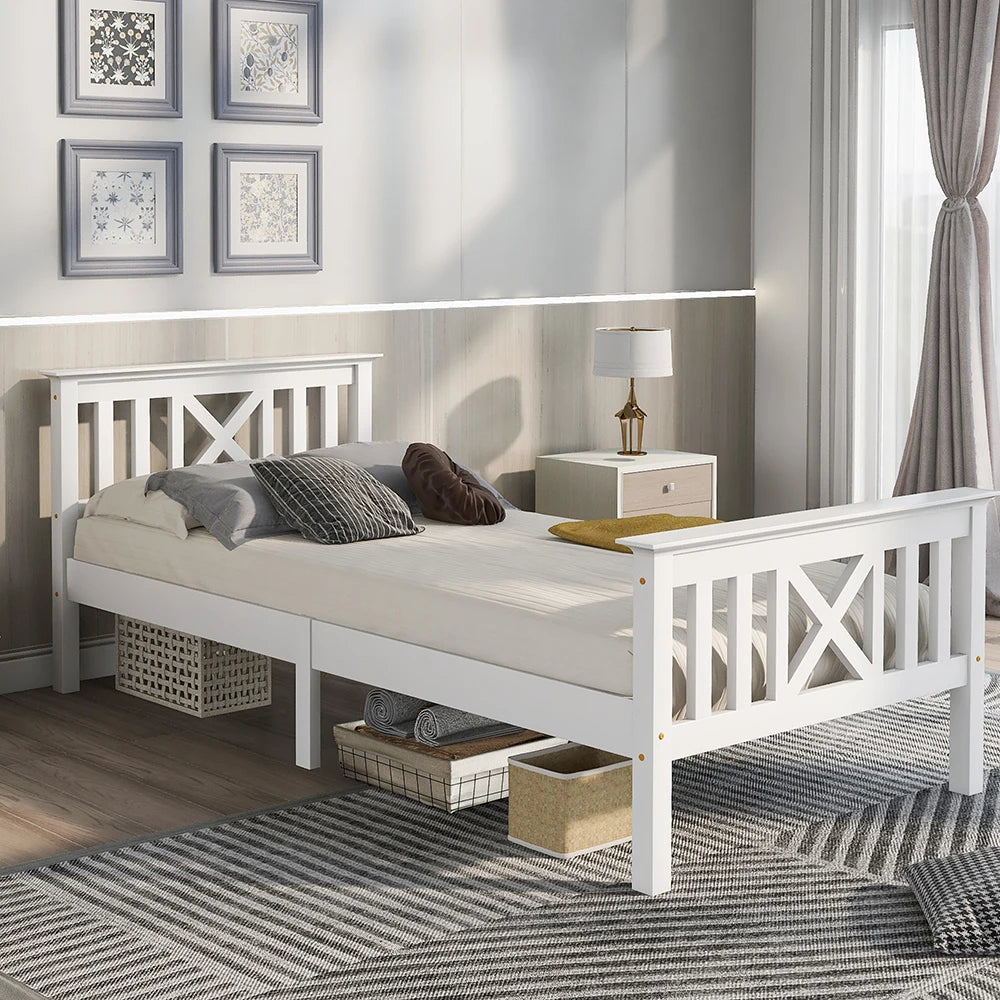 Eenpersoonsbed – Bedframe – Kinderbed – Logeerbed – Slaapbank – 90x200 cm – Massief Grenenhout – Stevige Lattenbodem – Wit
