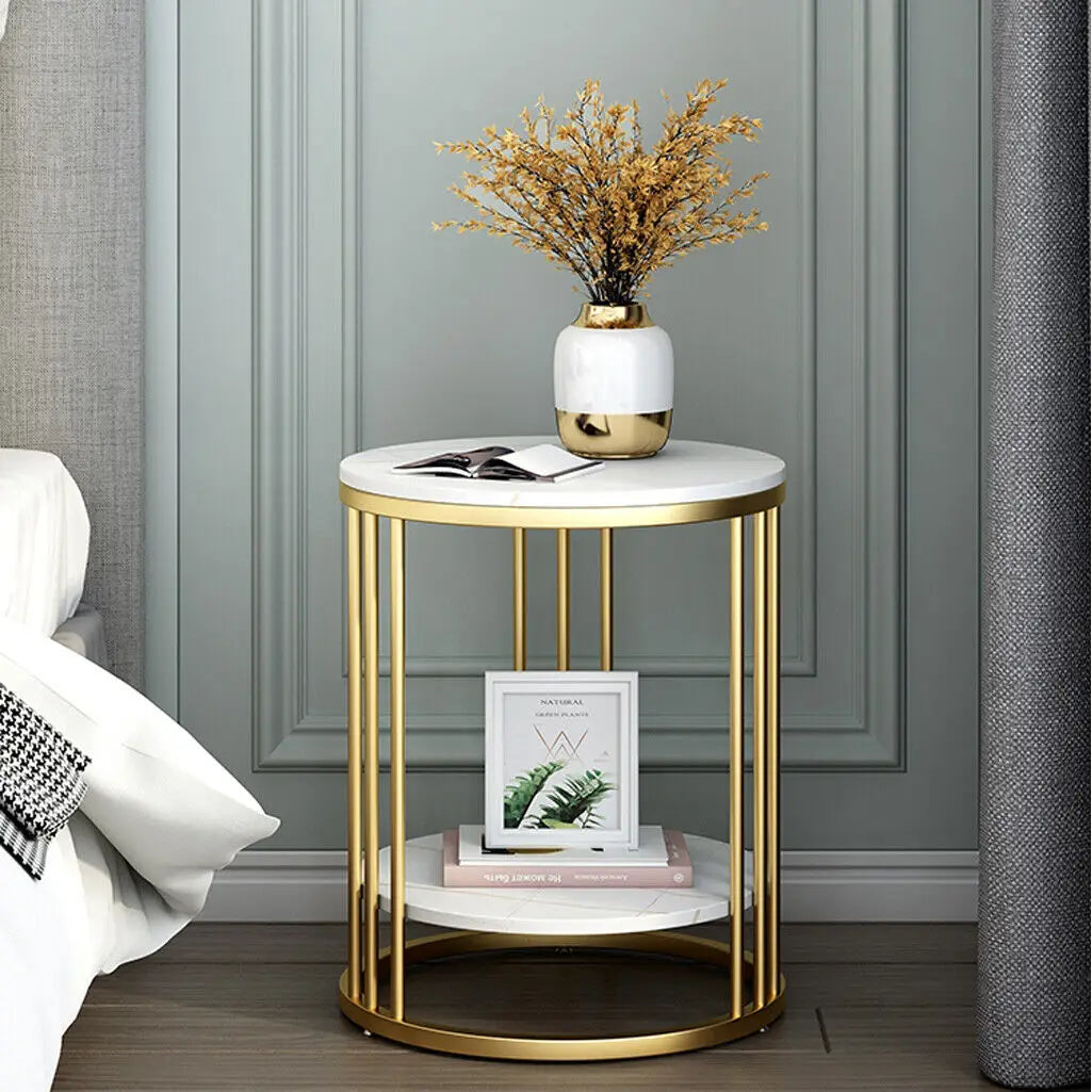 Tafel - Salontafels - Round Side Table - 2-Tier Marble Coffee Table - Bedside Table - Home Decor - 40x40x54cm - Gold