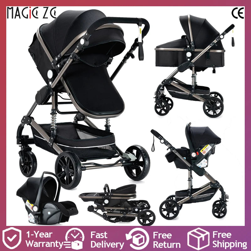 3 in 1 Baby Stroller High Landscape Foldable Lightweight Pushchair with Reclining Seat for Newborn to Toddler Travel - QUORE