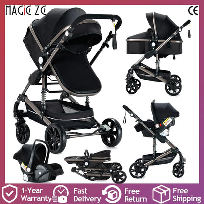 3 in 1 Baby Stroller High Landscape Foldable Lightweight Pushchair with Reclining Seat for Newborn to Toddler Travel - QUORE