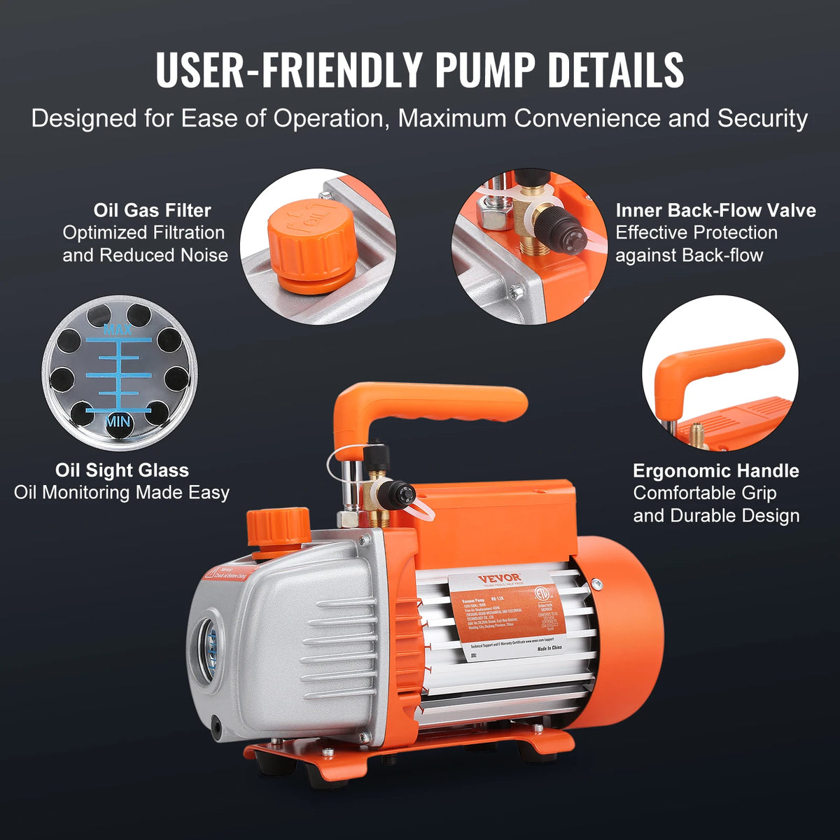 Vacuümpomp - Koelmiddel Vacuümpomp - Koelmiddel Gereedschap - 1/4 HP 4 CFM AC Vacuümpomp - enkeltraps - Rotary Vane - HVAC Lucht Vacuümpomp - A / C Koelmiddel Manifold Gauge Set - Oranje