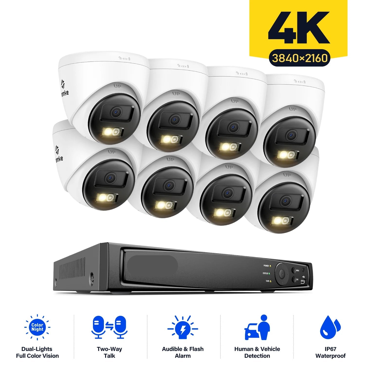 Beveiligingsset – 8-kanaals Camera Installatieset – Video Bewaking – 4K Beveiliging – 8MP Camera’s – Mens- En Voertuigdetectie - Ingebouwde HDD: Geen - QUORE