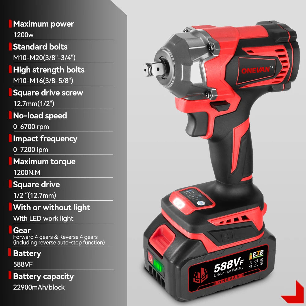 ONEVAN 21V Brushless Electric Impact Wrench 1200 N.m DTW500 Cordless Wrench Electric Screwdriver Power Tool For Makita Battery