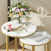 Ronde Tafel - Sintersteen - Eettafel - Eettafel Rond - Tafels -. Set van 2 - Metalen onderstel - voor woonkamer - Goud