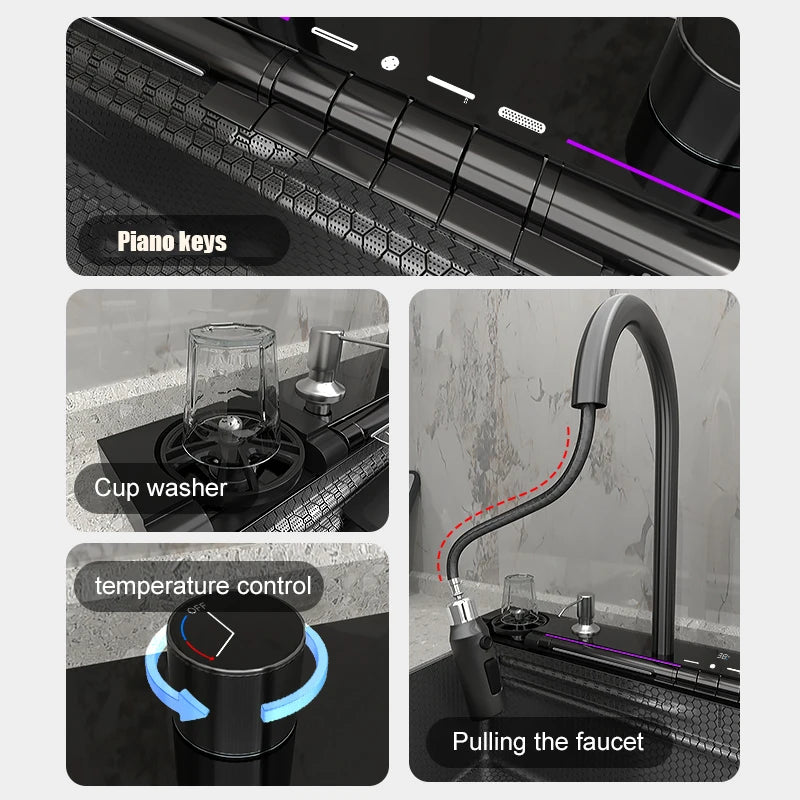 New Waterfall Kitchen Sink Stainless Steel Multi-function Large Single Slot Integrated Digital Display Wash Basin