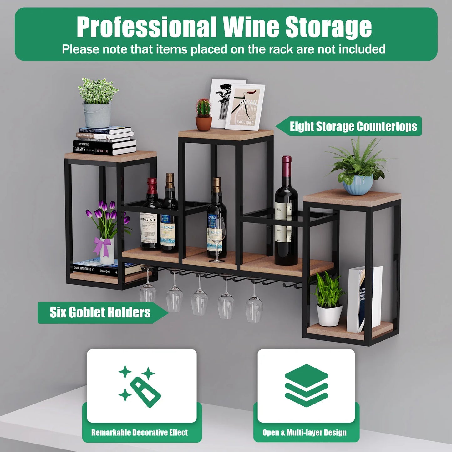 Wijnrek – Wijnhouder – Wijnplank – Glazenhouder – Massief Hout – Draagvermogen 30 Kg – Europees Design - 106 x 20 x 40 cm - Bruin - QUORE