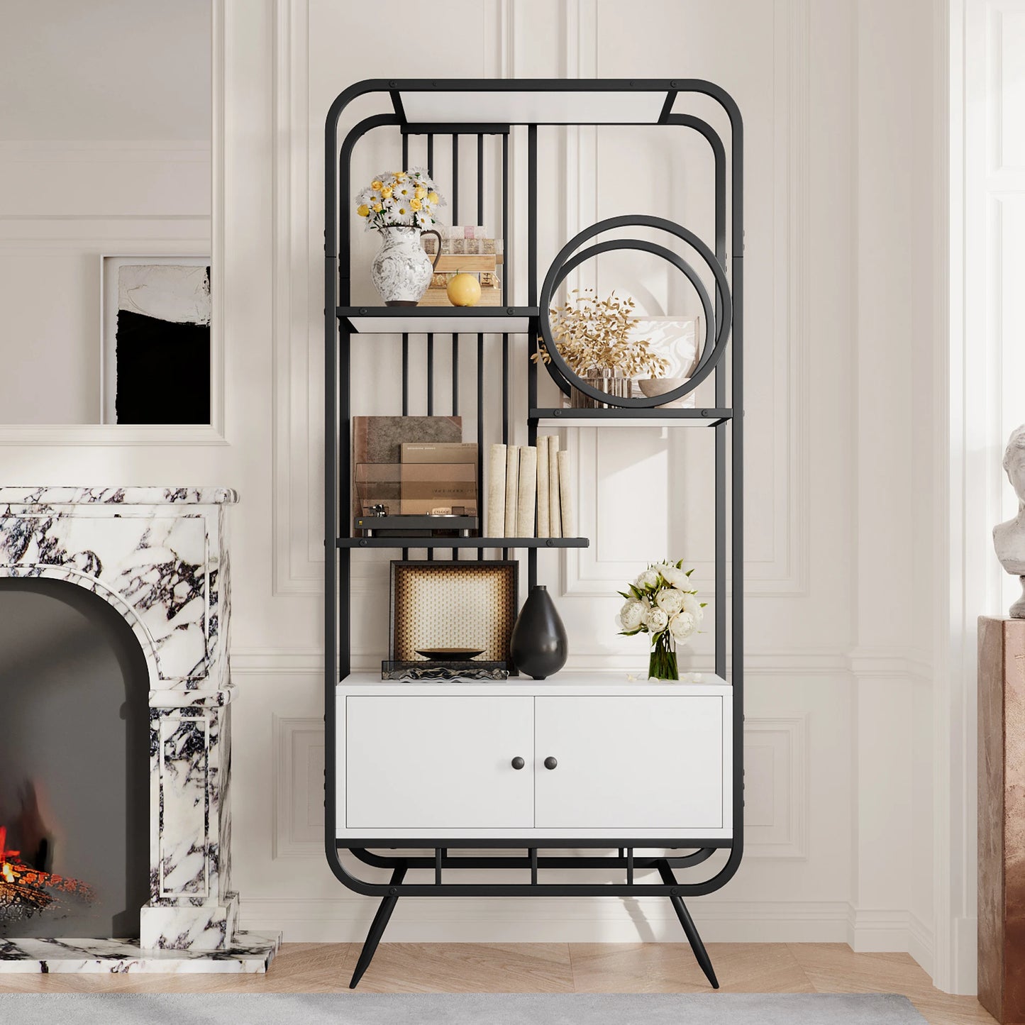 Metalen Rek – Opbergkast – Boekenplank – Wandmeubel – Sierrek – 180 cm Hoog – Zwart Metaal & Wit MDF – Dubbele Deuren – Ronde Hoeken
