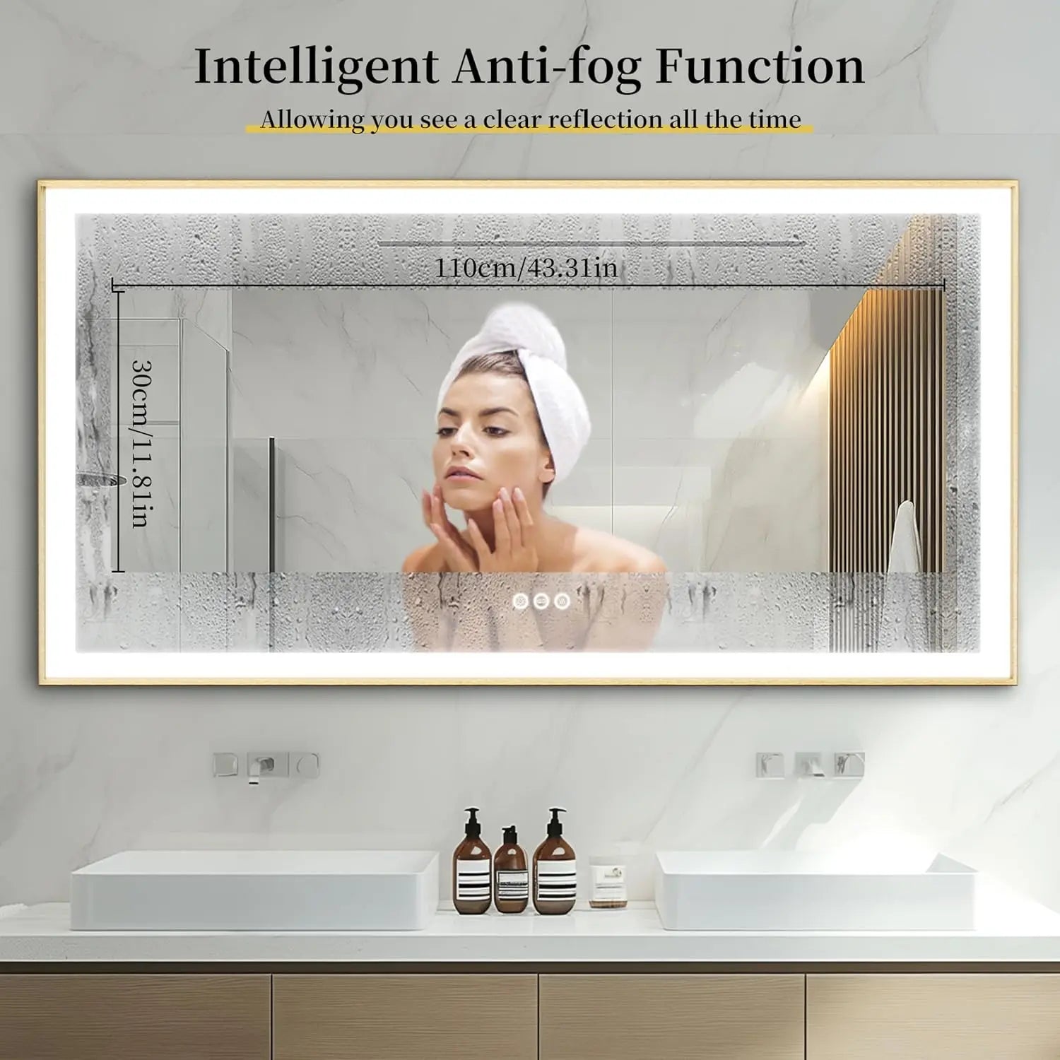 LED Spiegel – Badkamerspiegel – Verlichte Spiegel – Make-Up Spiegel – Dimbaar Licht – Anti-Condens Verwarming – Goud Aluminium Frame - 1400x700mm - QUORE
