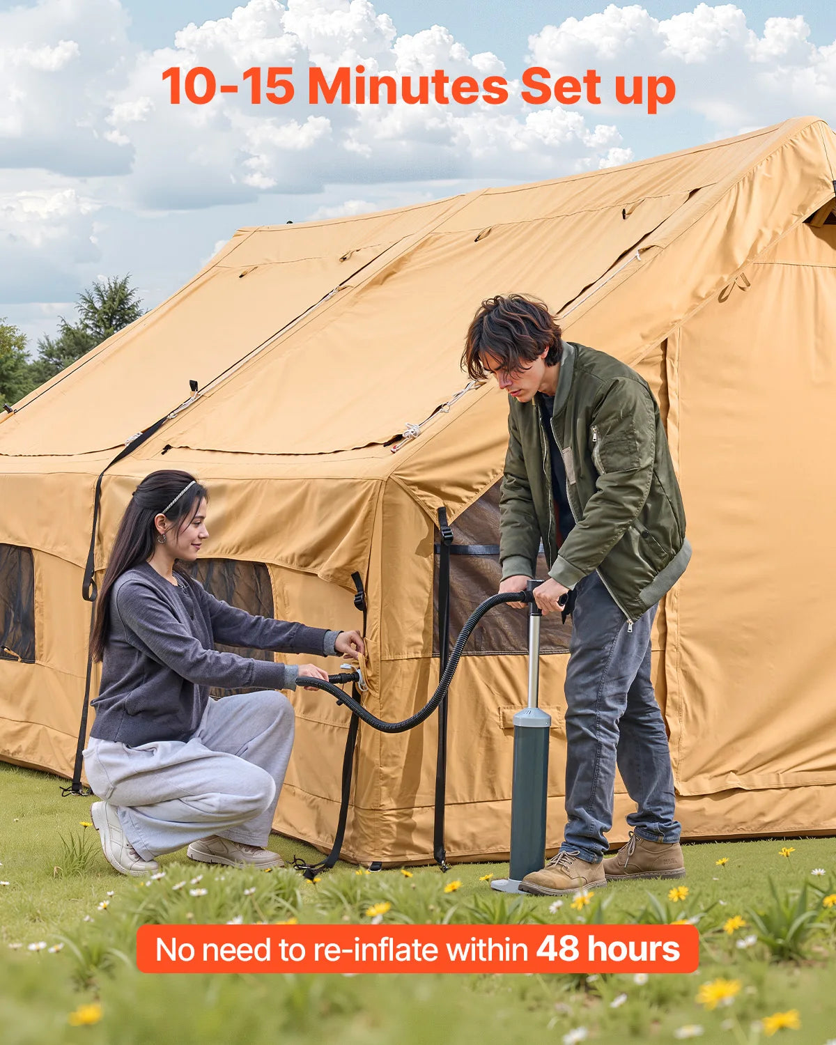 Opblaasbare Tent – Kampeertent – Familietent – Roadtriptent – Waterdicht Oxford Polyester – 5-8 Personen - 4 x 3.1 m - Geel