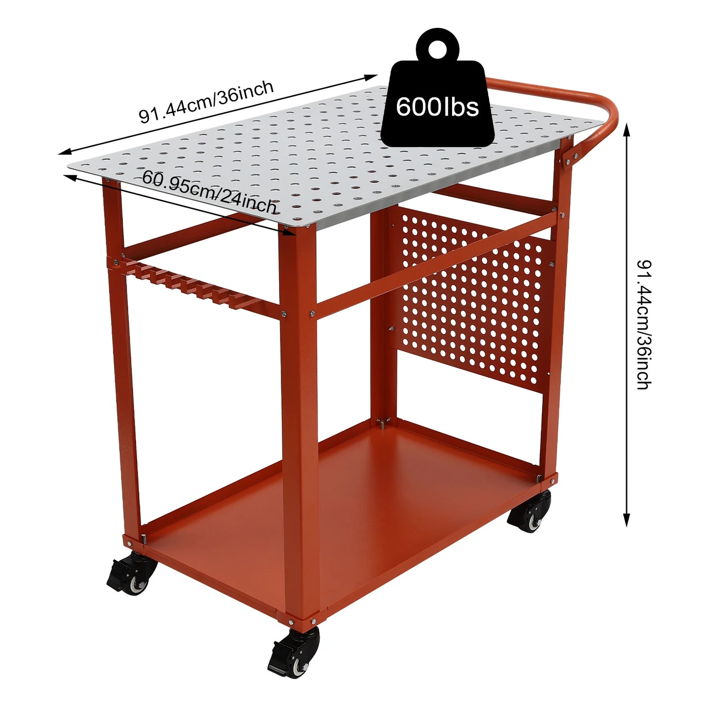 Industriële Stalen Werktafel – Werkbank – Montagebank – Werkbank Met Wielen – Mobiele Werktafel Rood – Draagvermogen 272 kg – Dubbele Werkplanken Met 9 Haken En Zijbord - QUORE