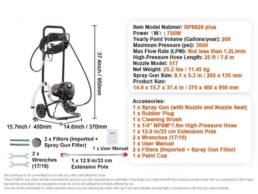 Airless Verfspuit - Verfspuiten Electrisch - Verfspuitmachine - 750W met Kar - 15 meter - 3000 PSI Hogedruk - Instelbare Snelheid - met Verlengstok - Verfspuit - voor Muren - Meubels - en Plafonds