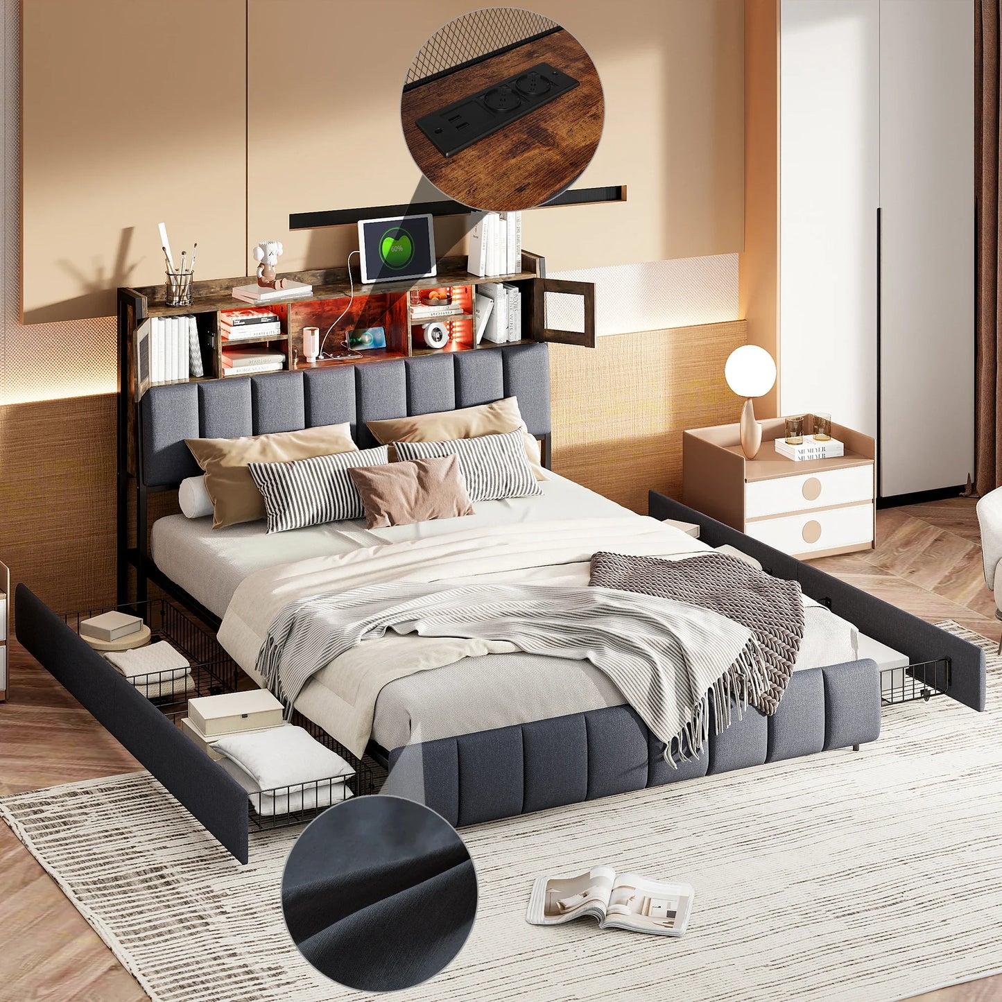 Linnen Bed – Tweepersoonsbed – Opbergbed – Bedframe Met Laden – Bed Met Hoofdbord – 140x200 cm – Met 4 Lade Opbergruimte – USB Oplaadpoorten