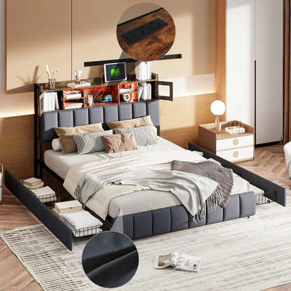 Linnen Bed – Tweepersoonsbed – Opbergbed – Bedframe Met Laden – Bed Met Hoofdbord – 140x200 cm – Met 4 Lade Opbergruimte – USB Oplaadpoorten