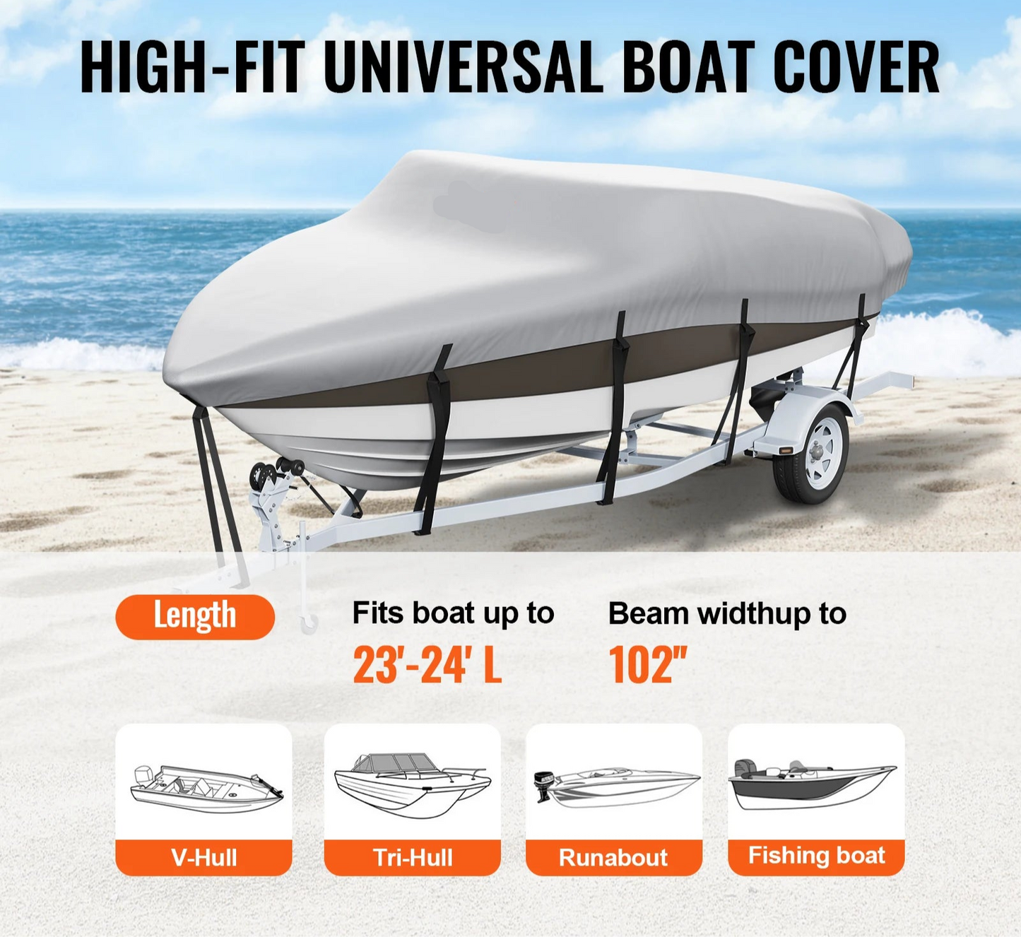 Boothoes - Bootzeil - Afdekzeil Boot - Trailerbare Waterdichte - met Motorafdekking- Gespriemen - 600D Oxford-materiaal - 23'-24' - Lichtgrijs