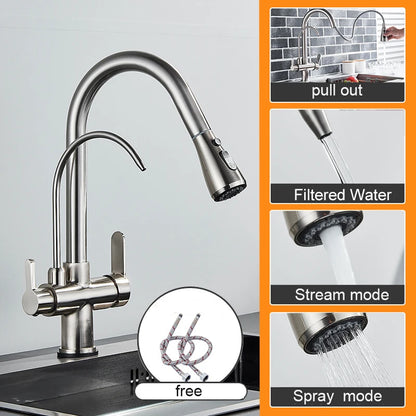 Keukenkraan - met Uittrekbare Uitloop - Twee Handgrepen - voor Koud - Warm Water - Vuistdouche - Drinkwater - en Keukenmixers - Zilver