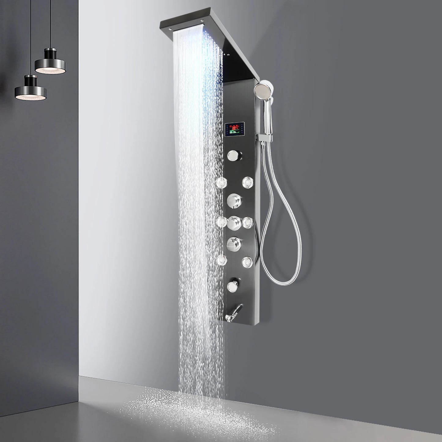 Douche - Regendouche - Douchewand - Douchekolom - Douchepanelen - 6-in-1 - Douchepaneel met LED - Regendouche - Waterval - Massage Jets & Handdouche - Zwart