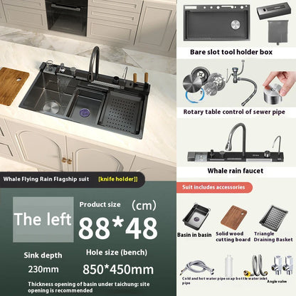 Stainless Steel Kitchen Sink WIth Waterfall Faucet Integrated Digital Display Embossed Washing Basin For Kitchen