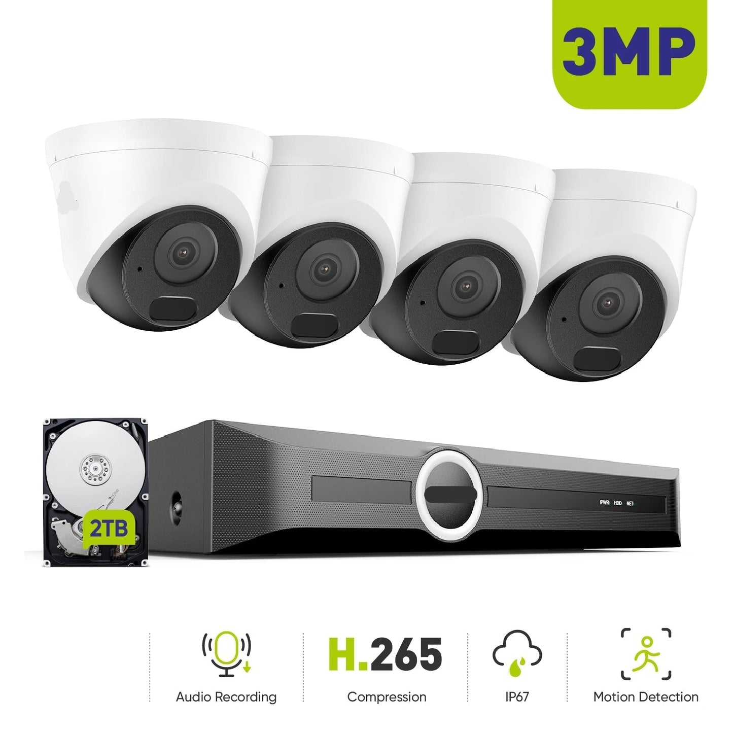 CCTV Beveiligingssysteem – Security Camera Set – IP Camera Systeem – Bewakingscamera – Nachtzicht Camera – 4 Camera’s 3MP – Smart IR Nachtzicht – Geluidsopname Met Microfoon