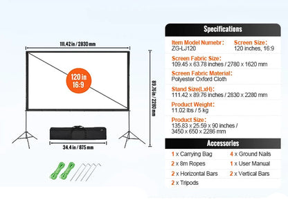 Projectiescherm - Beamer Scherm - Projector Scherm - Home Cinema - 4K/1080P HD Buitenbioscoop Scherm - voor Thuisbioscoop en Tuin - met Statief 120 Inch - Beamer Mini - Draagbaar - Opvouwbaar