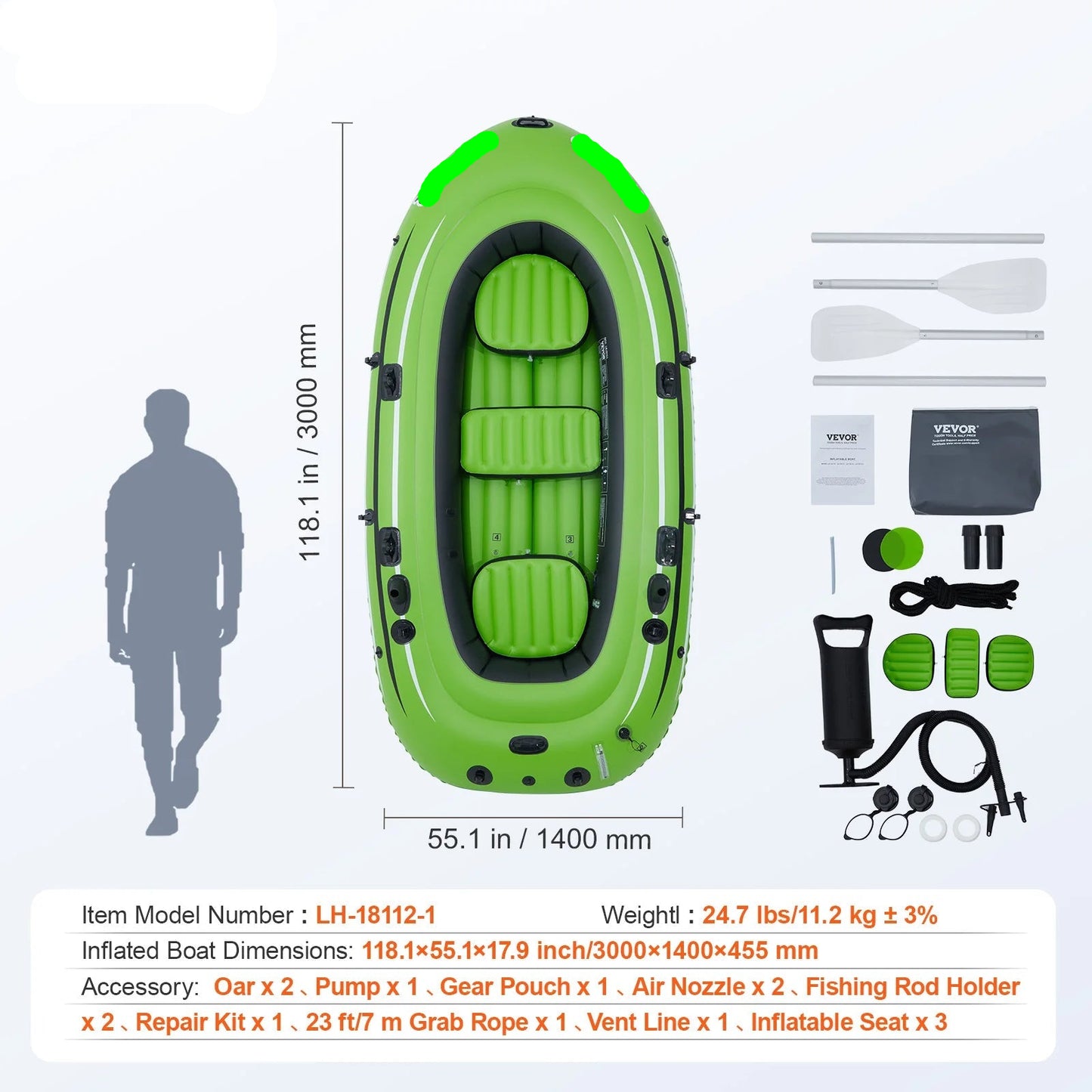 Opblaasboot - Max. 499 kg Laadvermogen - 6 Onafhankelijke Luchtkamers - Met Pomp en Roeisets - 5-zits - 499Kg - Groen