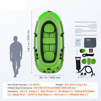 Opblaasboot - Max. 499 kg Laadvermogen - 6 Onafhankelijke Luchtkamers - Met Pomp en Roeisets - 5-zits - 499Kg - Groen