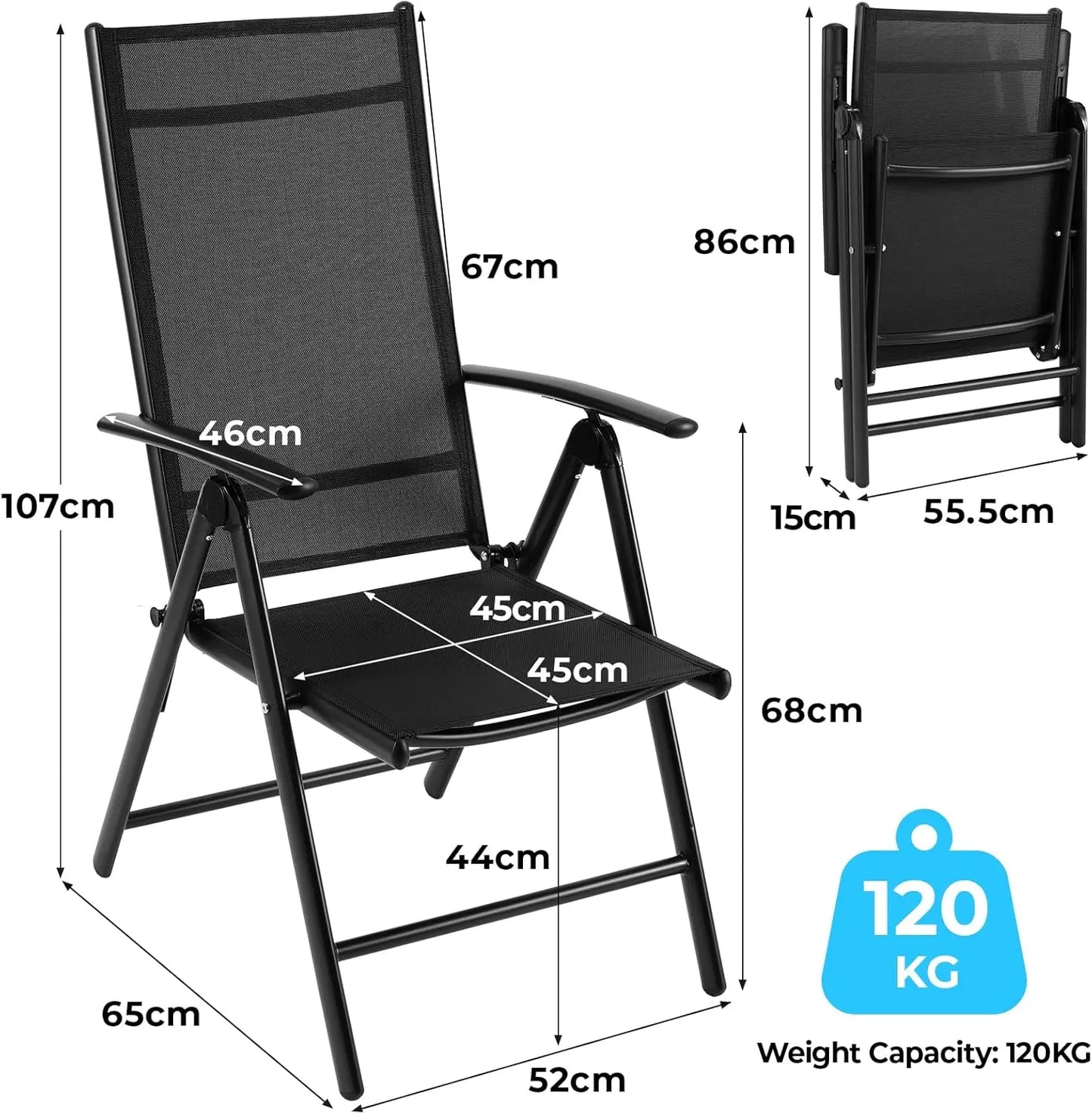 2PCS Deluxe Tuinstoelen - Aluminium Opvouwbare Stoelen met 7-Verstelbare Rugleuning en Armleuningen - Ademend Campingstoel voor Tuin - Balkon - Zwart