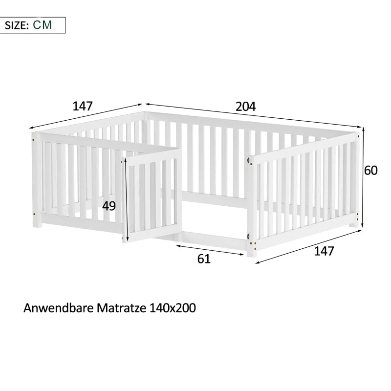 Bedframe Kinderbed - Peuterbed - Vloerbed - Kinderbox - Inclusief Uitvalhekje - Kinderkamer - Multiplex -  140 x 200 x 60 cm - Wit