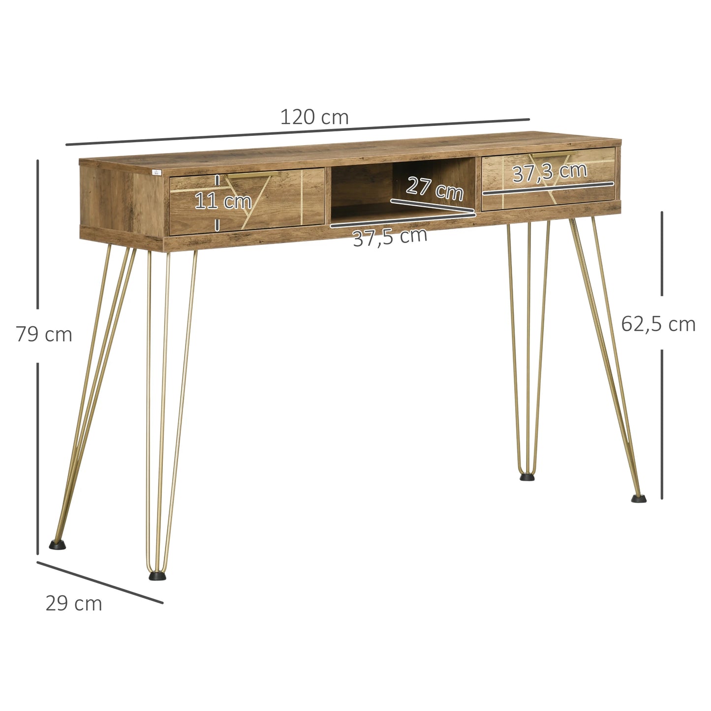 Consoletafel – Sidetable – Halmeubel – Opbergmeubel – Melamine Hout – Stalen Poten – Compact Formaat - 120 x 29 x 79 cm - Hout & Brons