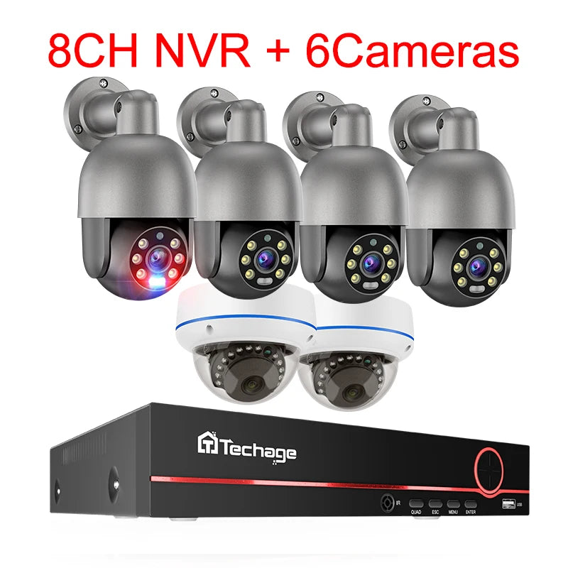 Techage 8CH 5MP POE Camera System H.265 8CH PTZ Dome Camera Human Detection CCTV Video Home Security Surveillance Set PT825G-50P