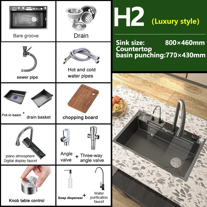 New Waterfall Kitchen Sink Stainless Steel Multi-function Large Single Slot Integrated Digital Display Wash Basin