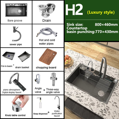 New Waterfall Kitchen Sink Stainless Steel Multi-function Large Single Slot Integrated Digital Display Wash Basin