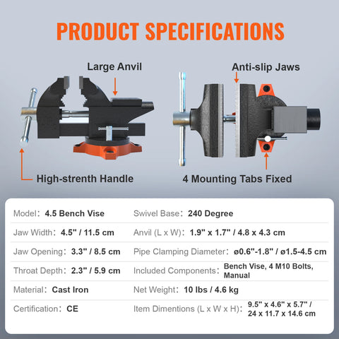 Bankschroef - draaibare bankschroef - machineklem - 4,5” - met draaibare voet & aambeeld Heavy Duty gietijzer - voor boren, buizen snijden, schuren