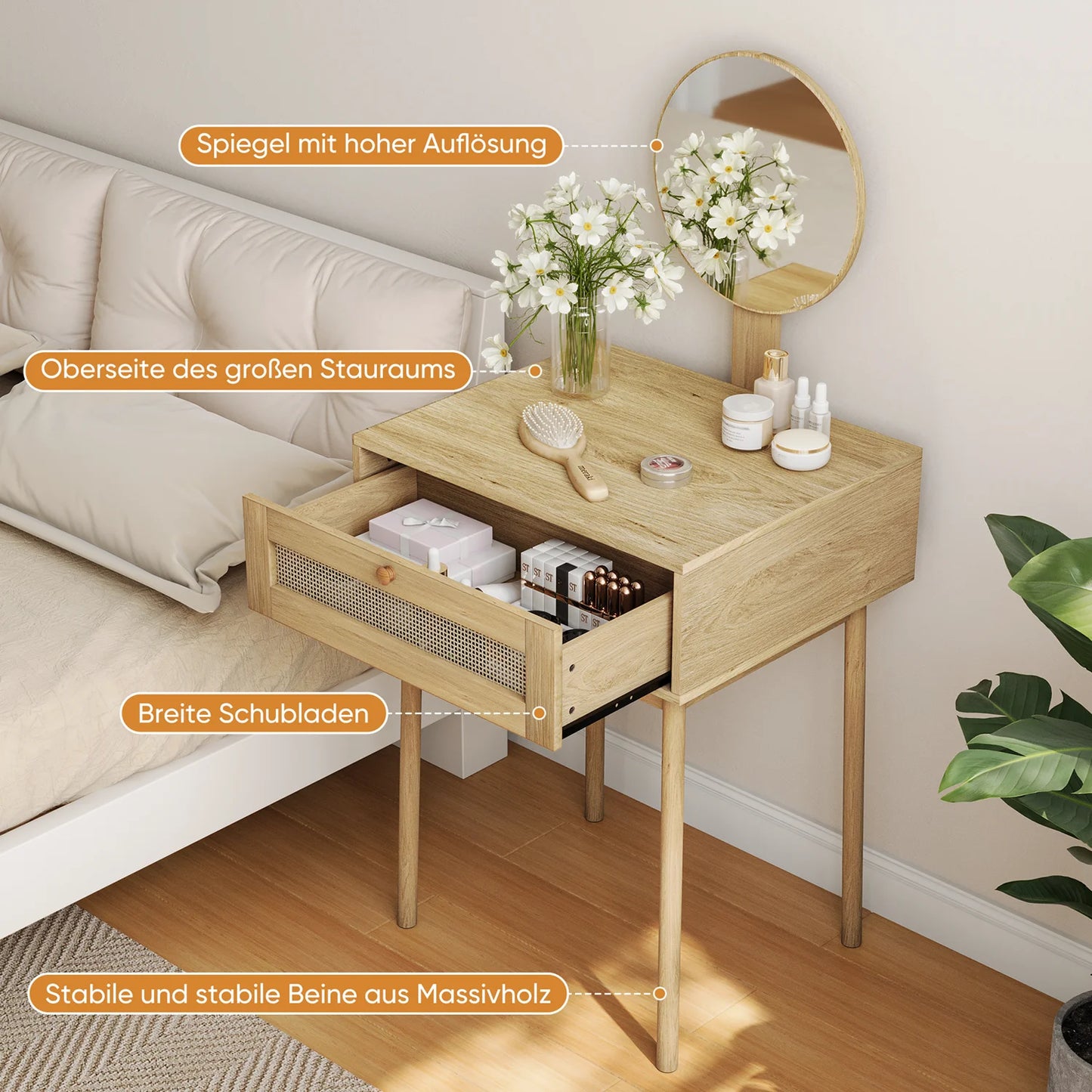 Rattan Makeup Table With Mirror, Makeup Table With Drawer Suit For Small Spaces, For Bedroom, Office, Without Chair, Wood Color