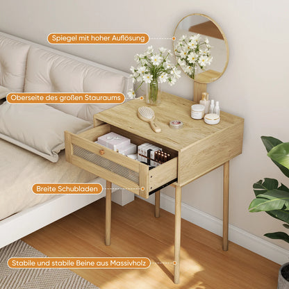 Rattan Makeup Table With Mirror, Makeup Table With Drawer Suit For Small Spaces, For Bedroom, Office, Without Chair, Wood Color
